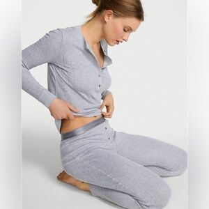 Victoria's Secret Cozy Pointelle Henley Long Light Gray Pajama Set NWT